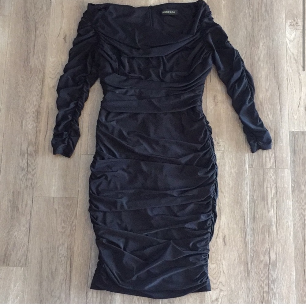 Tadashi Shoji Off The Shoulder Black Ruched Long Sleeve Midi Dress